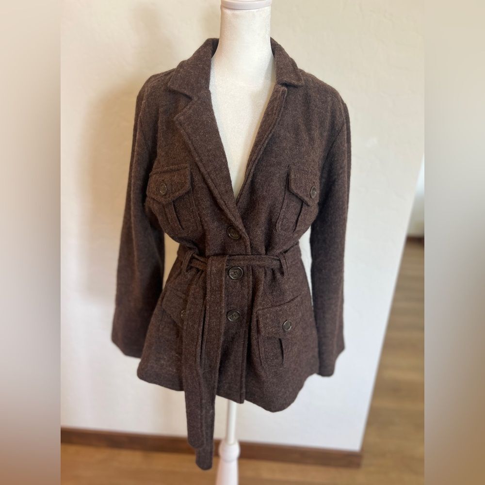 VTG David Brook’s Brown Belted Wool Utility Cargo Button Up 90’s Sweater Jacket